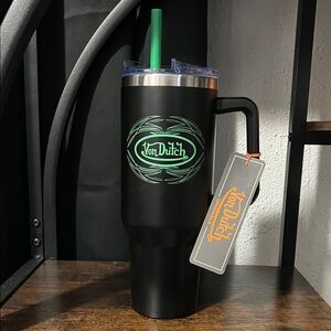 Von Dutch Black Travel Tumbler with Green Logo and Straw